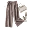 Wide-leg women's summer cotton and linen thin, high-waisted, side-tied, retro and artistic elastic casual pants for women Item Picture